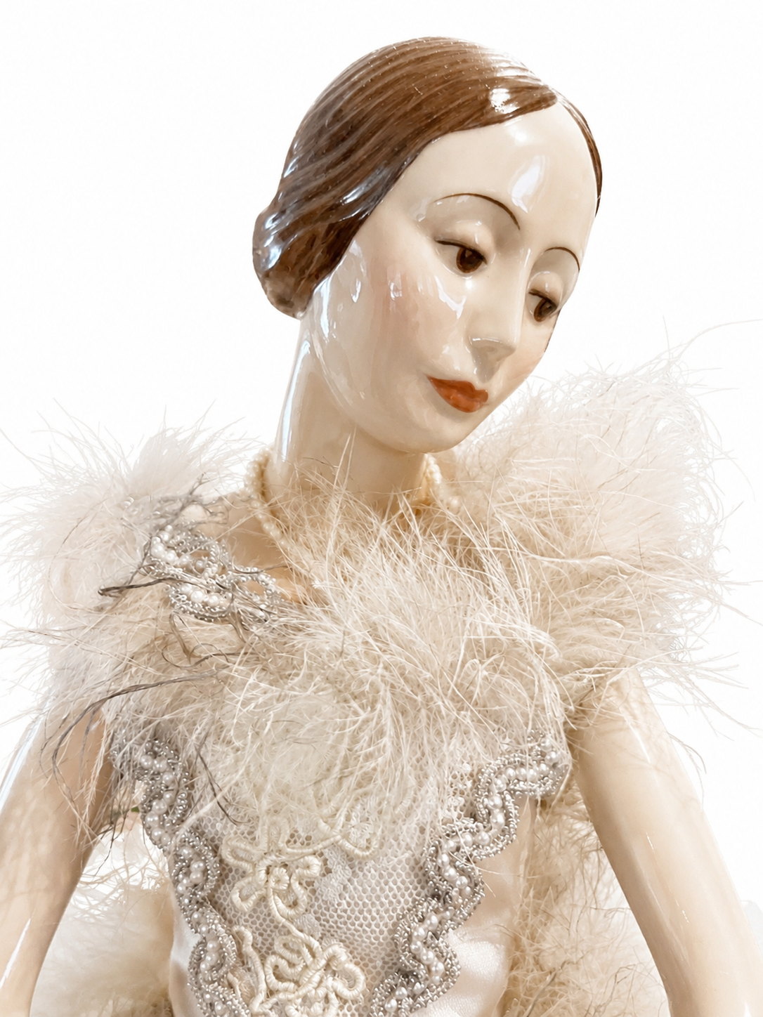 Vintage Porcelain Ballerina Doll – White Feathered Tutu & Pearls