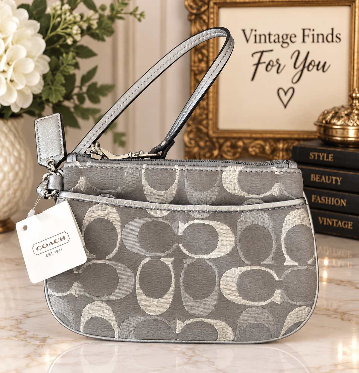 Coach Signature Gray & Silver Metallic Small Wristlet Zip Pouch Bag NWT