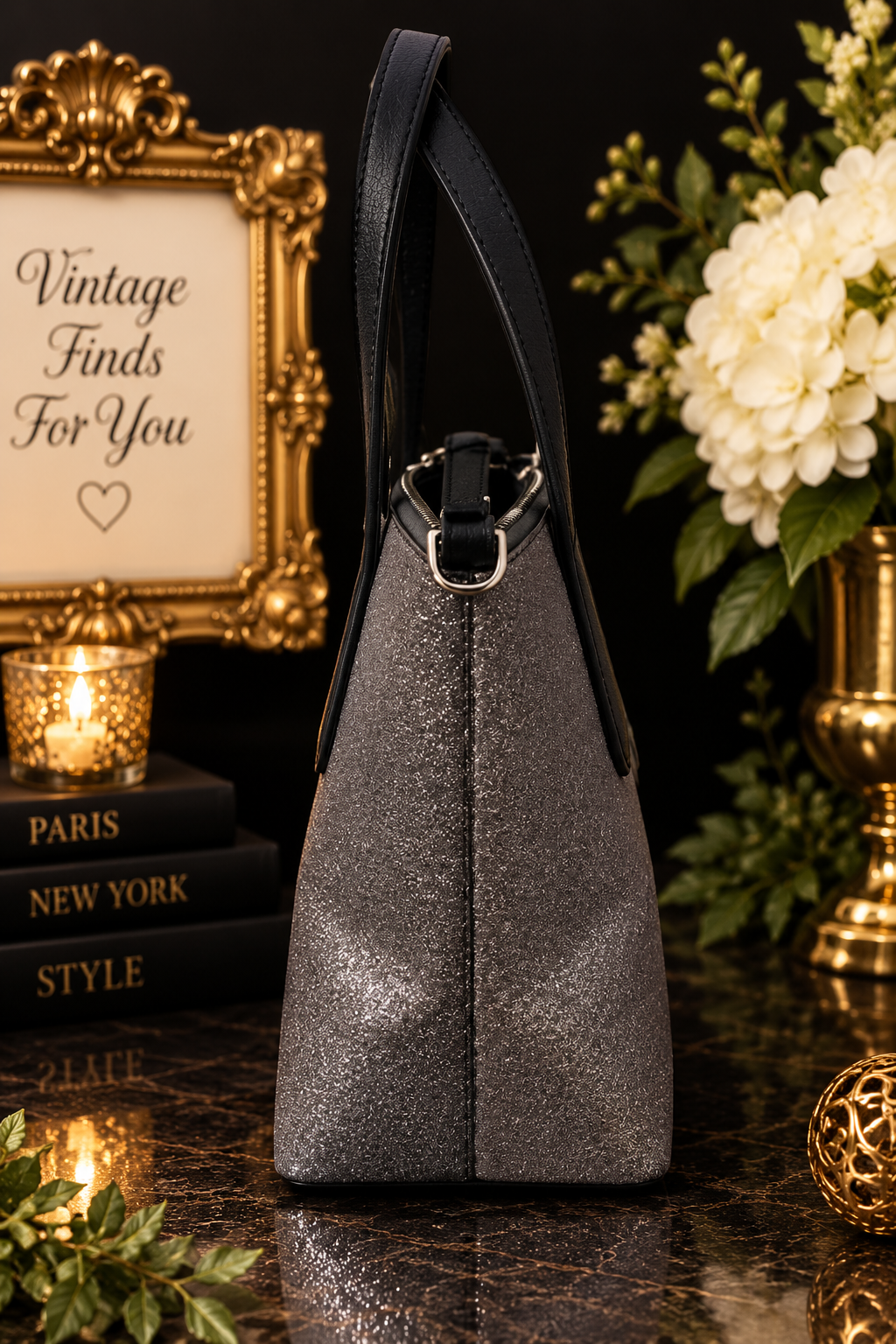 Kate Spade New York Glitter Tote Bag – Charcoal Gray & Black