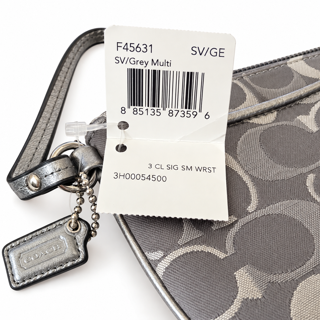 Coach Signature Gray & Silver Metallic Small Wristlet Zip Pouch Bag NWT