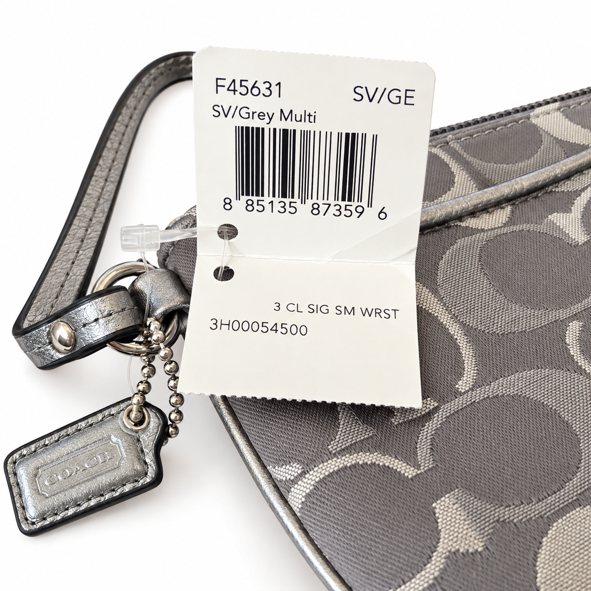 Coach Signature Gray & Silver Metallic Small Wristlet Zip Pouch Bag NWT