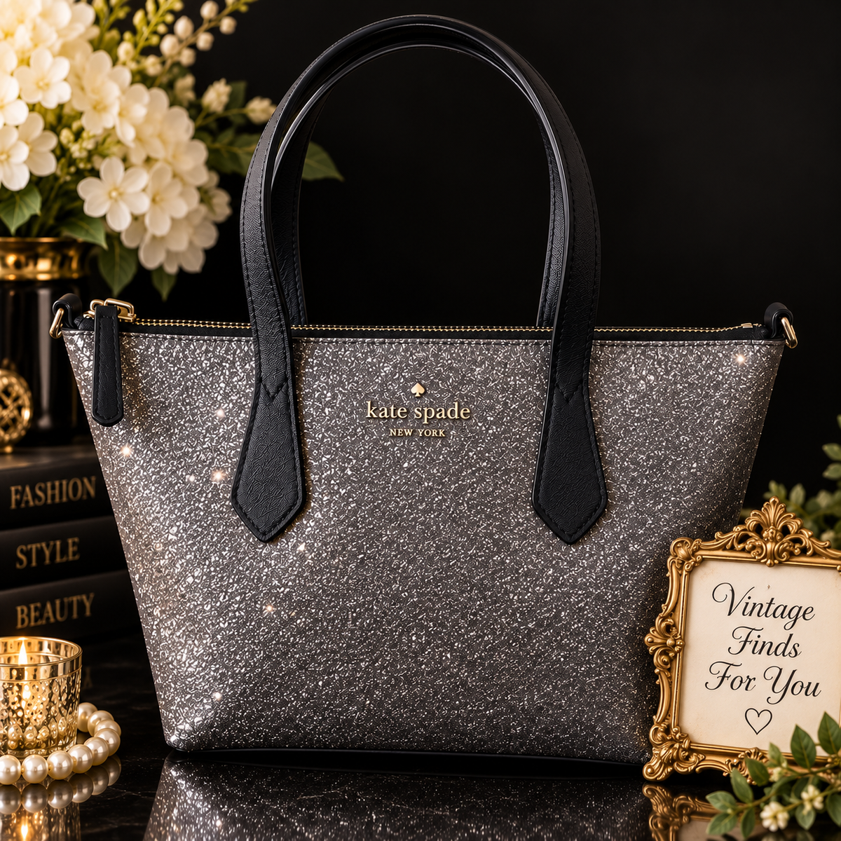 Kate Spade New York Glitter Tote Bag – Charcoal Gray & Black