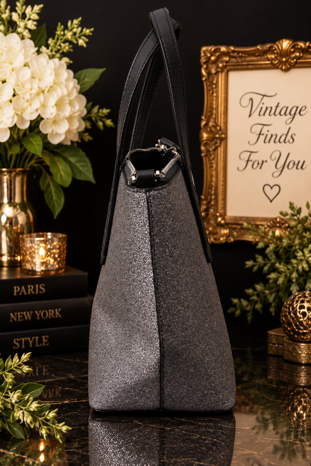 Kate Spade New York Glitter Tote Bag – Charcoal Gray & Black