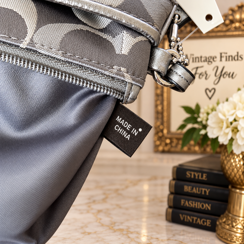 Coach Signature Gray & Silver Metallic Small Wristlet Zip Pouch Bag NWT