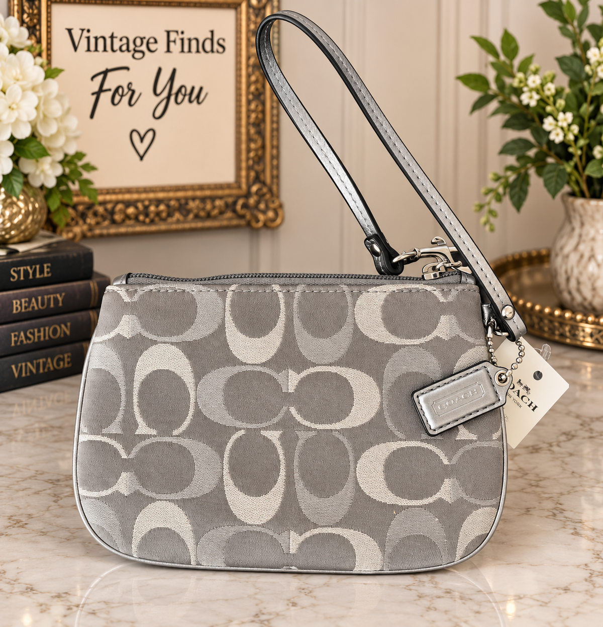 Coach Signature Gray & Silver Metallic Small Wristlet Zip Pouch Bag NWT