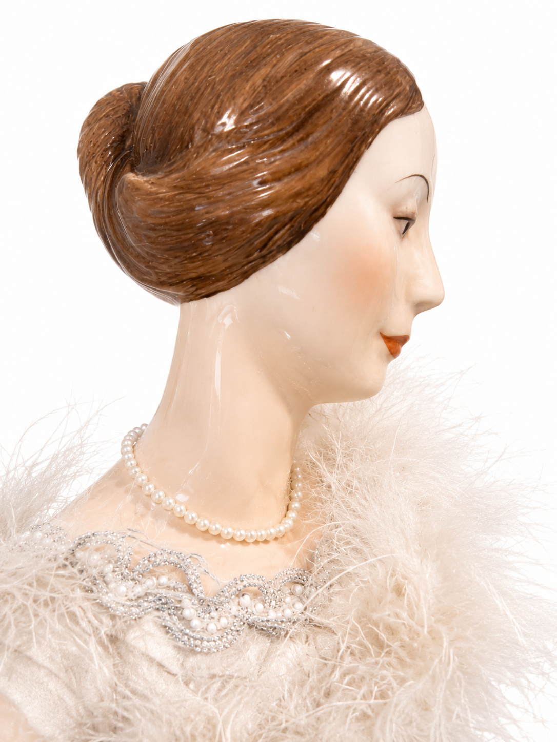 Vintage Porcelain Ballerina Doll – White Feathered Tutu & Pearls