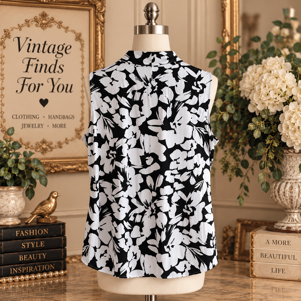 Calvin Klein Black & White Floral Sleeveless Blouse XL