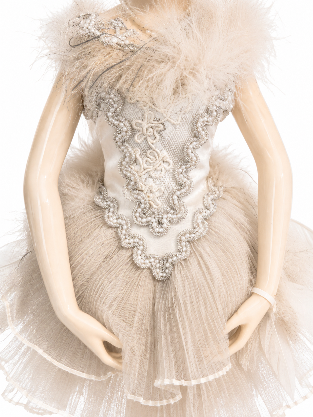 Vintage Porcelain Ballerina Doll – White Feathered Tutu & Pearls
