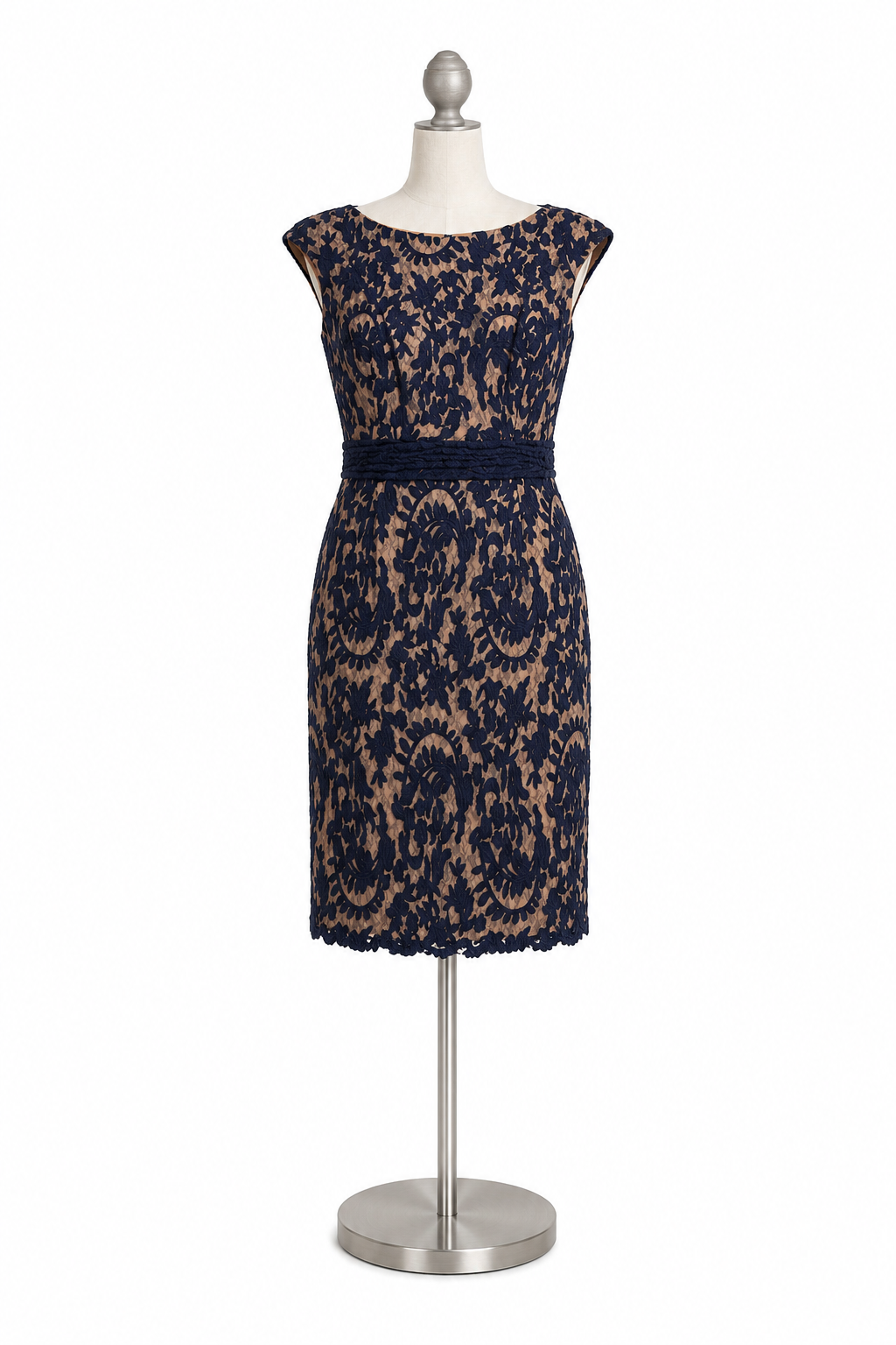 Adrianna Papell Women’s Size 16 Navy Blue Lace Nude Lined Cocktail Dress
