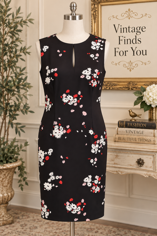 Ann Taylor Black Floral Keyhole Sheath Dress Size 10 NWOT