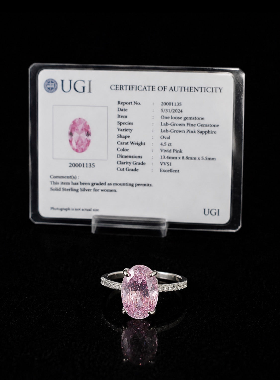 4.5 Ct Lab-Grown Pink Sapphire Ring Sterling Silver Oval VVS1 UGI Certified Size 7